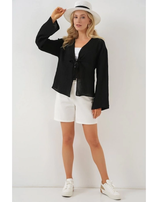 Önü Bağcıklı Bluz 952  Siyah