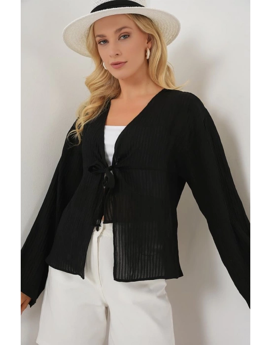Önü Bağcıklı Bluz 952  Siyah