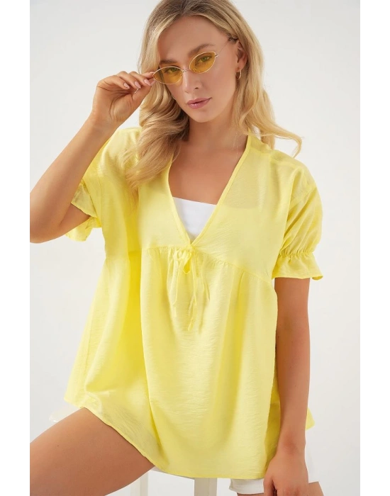 Önü Bağcıklı Kısa Kol Bluz 962  Sarı