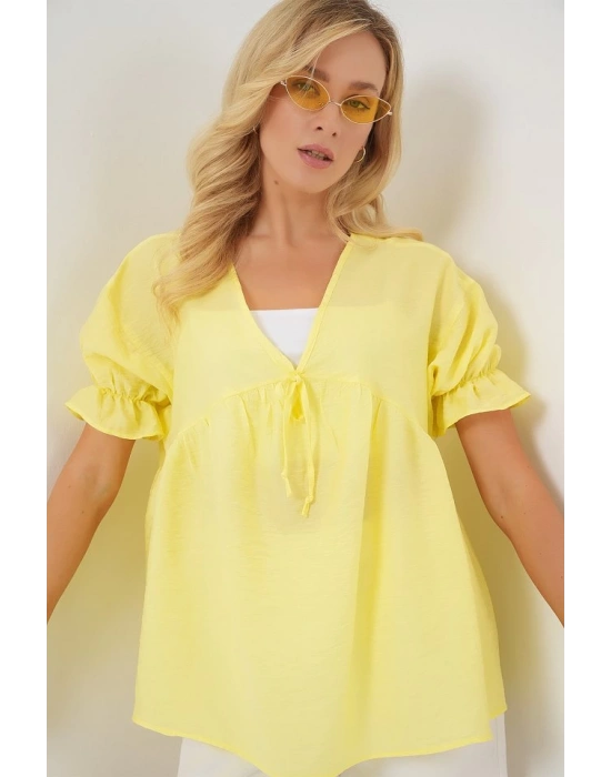 Önü Bağcıklı Kısa Kol Bluz 962  Sarı