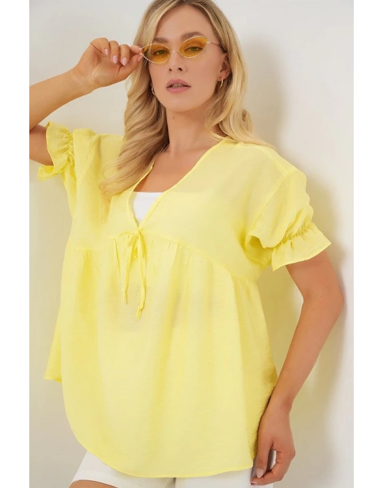 Önü Bağcıklı Kısa Kol Bluz 962  Sarı