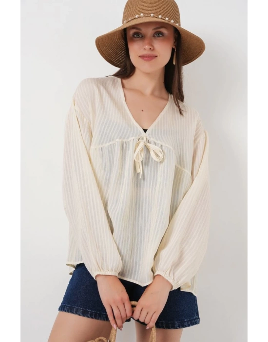 Önü Bağcıklı Uzun Kol Bluz 946  Krem