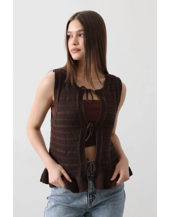 Önü Bağlamalı Yelek  Kahve