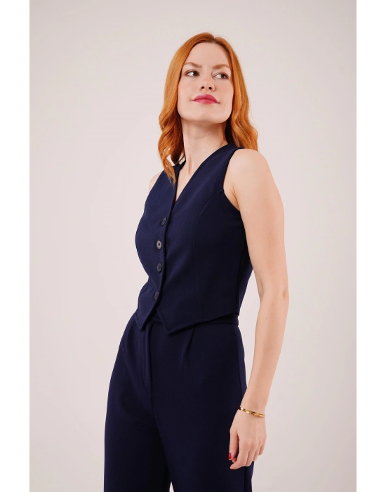Önü Düğmeli Lacivert Yelek