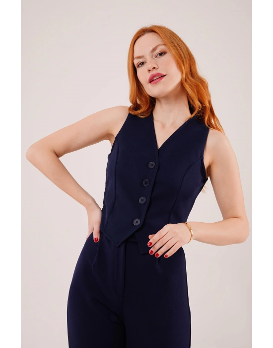 Önü Düğmeli Lacivert Yelek