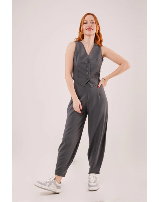 Önü Düğmeli Gri Yelek