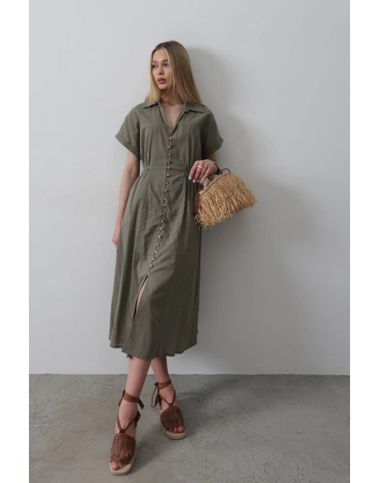 Önü Düğmeli Kısa Kol Elbise  Haki