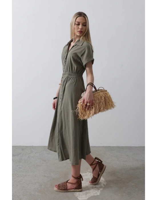 Önü Düğmeli Kısa Kol Elbise  Haki