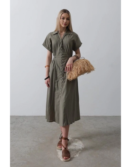 Önü Düğmeli Kısa Kol Elbise  Haki