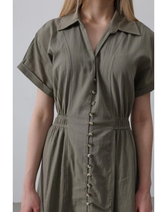 Önü Düğmeli Kısa Kol Elbise  Haki