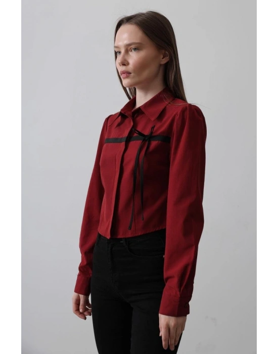 Önü Kontrast Fiyonklu Gömlek  Bordo