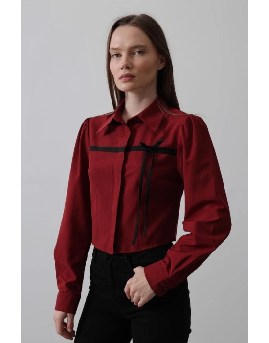 Önü Kontrast Fiyonklu Gömlek  Bordo
