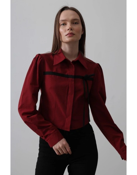 Önü Kontrast Fiyonklu Gömlek  Bordo