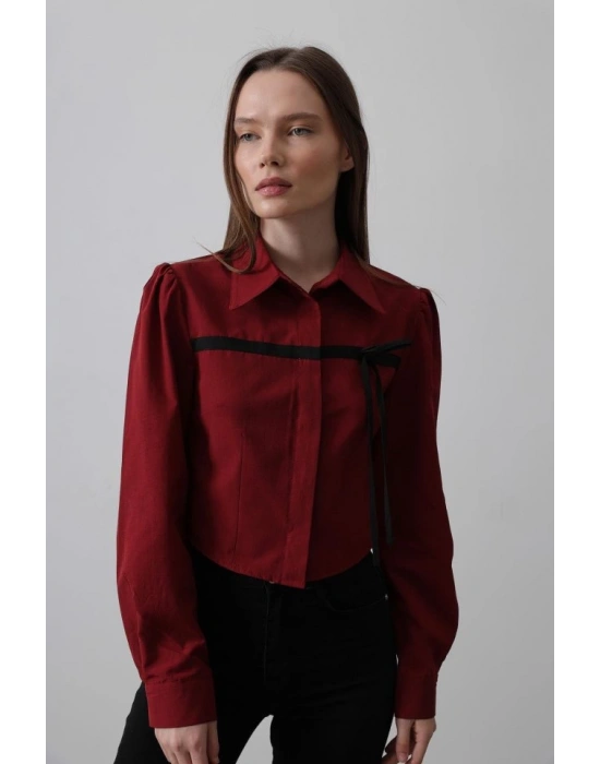 Önü Kontrast Fiyonklu Gömlek  Bordo