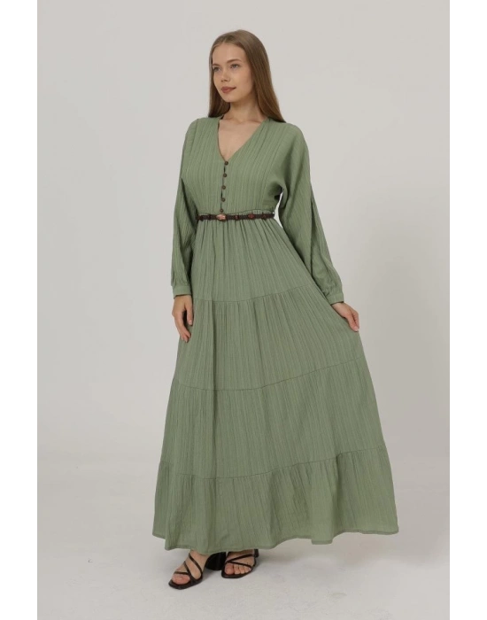 Önü Yarım Düğmeli Uzun Kol Kemerli Elbise  Haki