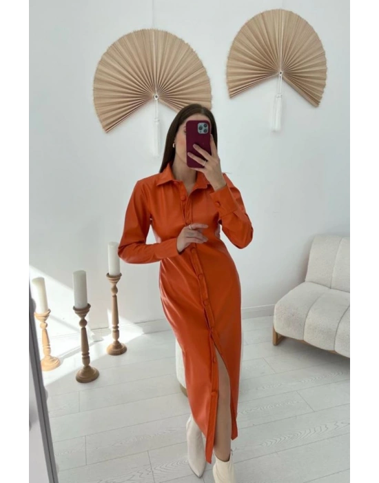 Oranj Boydan Düğmeli Deri Elbise