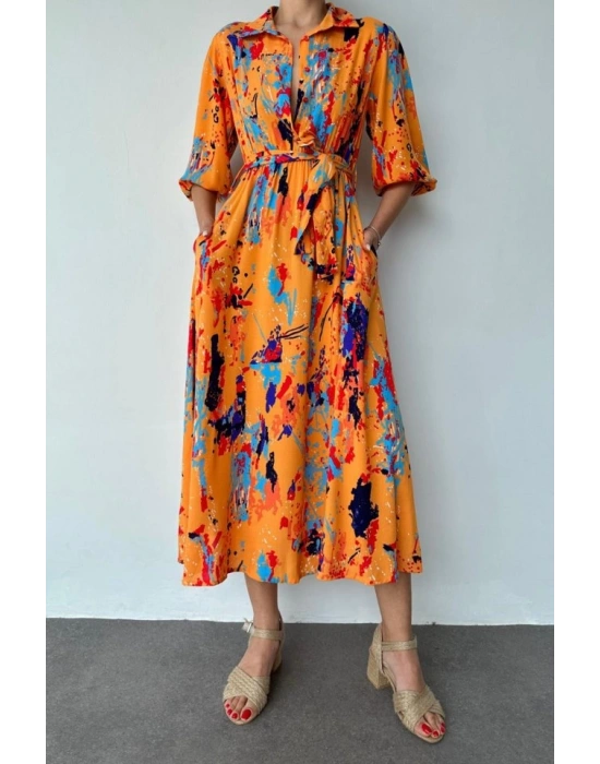 Oranj Çiçek Desenli Kemerli Elbise