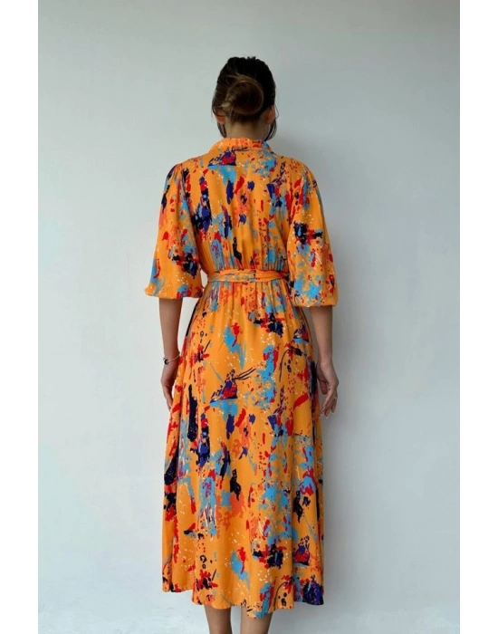 Oranj Çiçek Desenli Kemerli Elbise