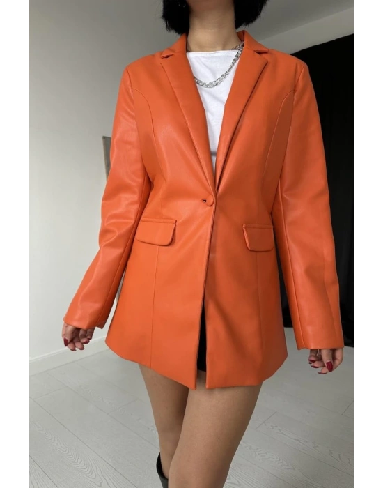 Oranj Düğmeli Deri Ceket