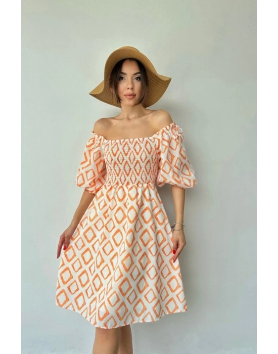 Oranj Kare Desenli Yazlık Elbise