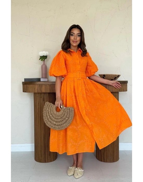 Oranj Pileli Balkon Elbise