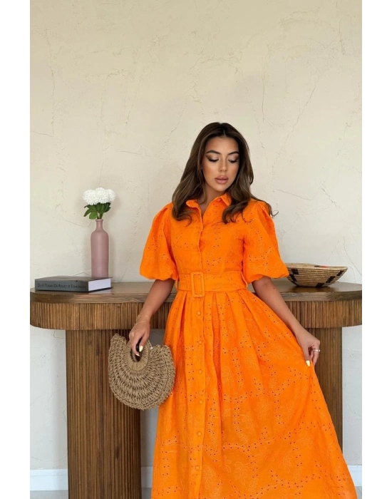 Oranj Pileli Balkon Elbise