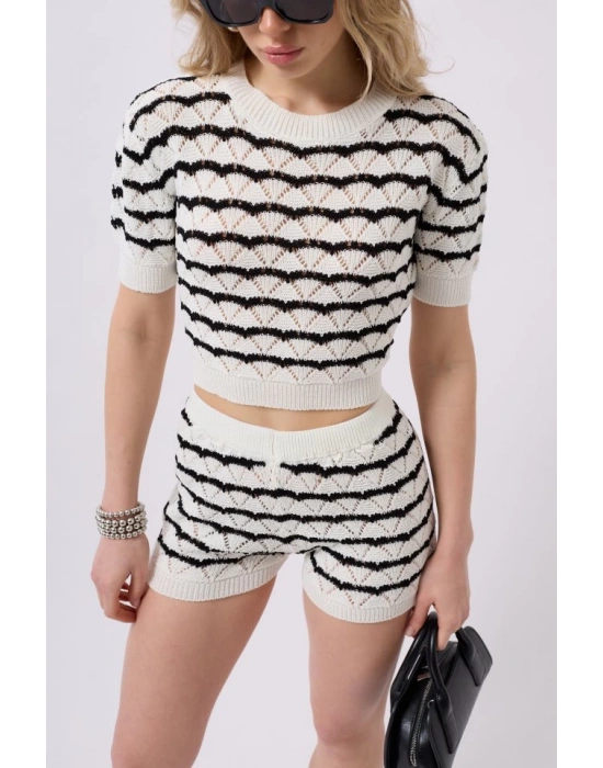 Örgü Detay Çizgili Crop Bluz