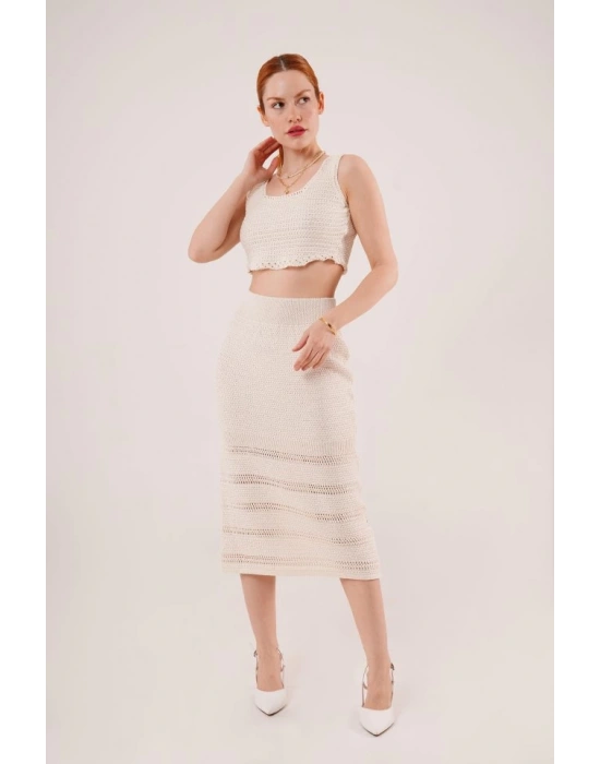 Örme Detaylı Etek Ve Bluz Krem Takım