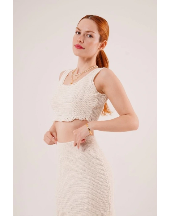 Örme Detaylı Etek Ve Bluz Krem Takım