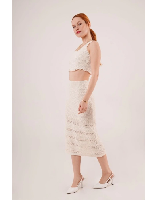 Örme Detaylı Etek Ve Bluz Krem Takım