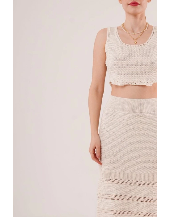 Örme Detaylı Etek Ve Bluz Krem Takım