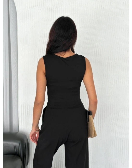 Osy odal Yumuşak Dokulu Kumaş Bisiklet Yaka ıfır Kol Bluz Omuz Toka Aksesuar Detaylı  iyah