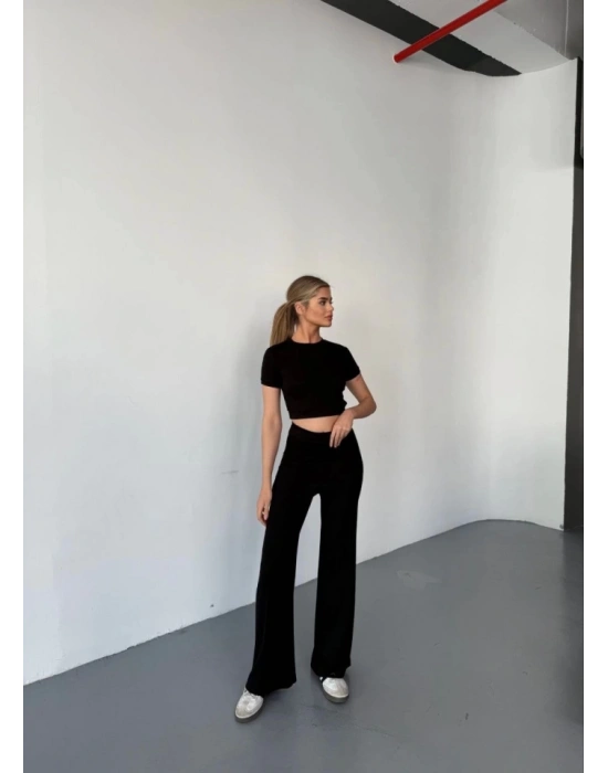 Osy Modal Yumuşak Dokulu Kumaş Kısa Kollu Crop Rahat Pantalon Ikili Takım  Siyah