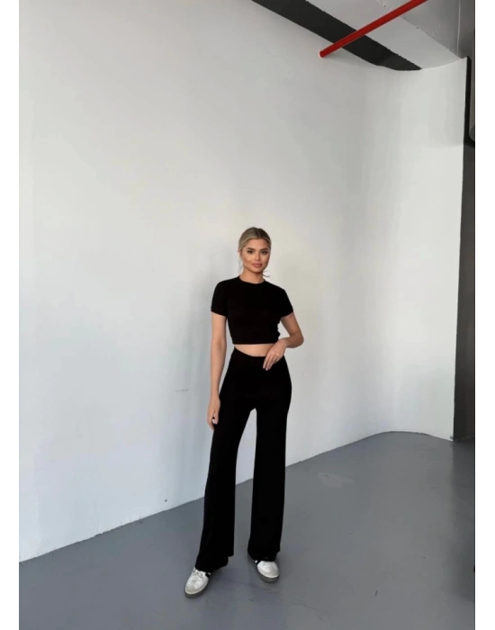 Osy Modal Yumuşak Dokulu Kumaş Kısa Kollu Crop Rahat Pantalon Ikili Takım  Siyah
