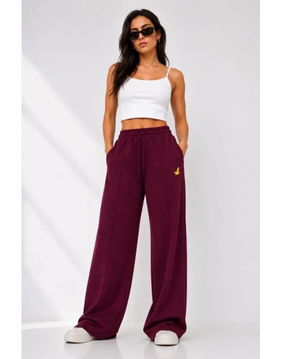 Osy odal Yumuşak Dokulu Cima Dikişli Nakışlı Cepli Oversize Bol Paça Eşofman Altı  Bordo
