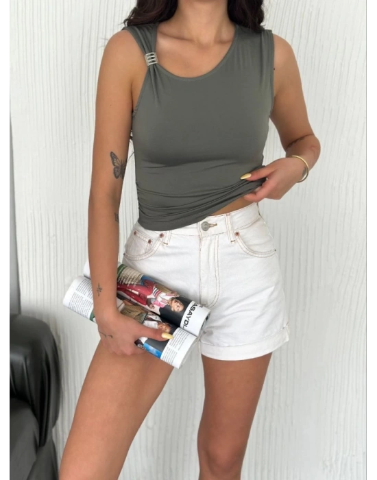 Osy odal Yumuşak Dokulu Kumaş Bisiklet Yaka ıfır Kol Bluz Omuz Toka Aksesuar Detaylı  Haki