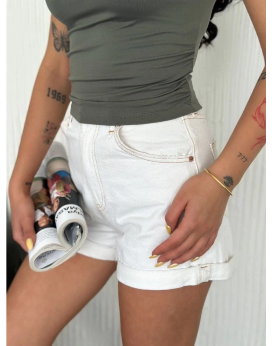 Osy odal Yumuşak Dokulu Kumaş Bisiklet Yaka ıfır Kol Bluz Omuz Toka Aksesuar Detaylı  Haki