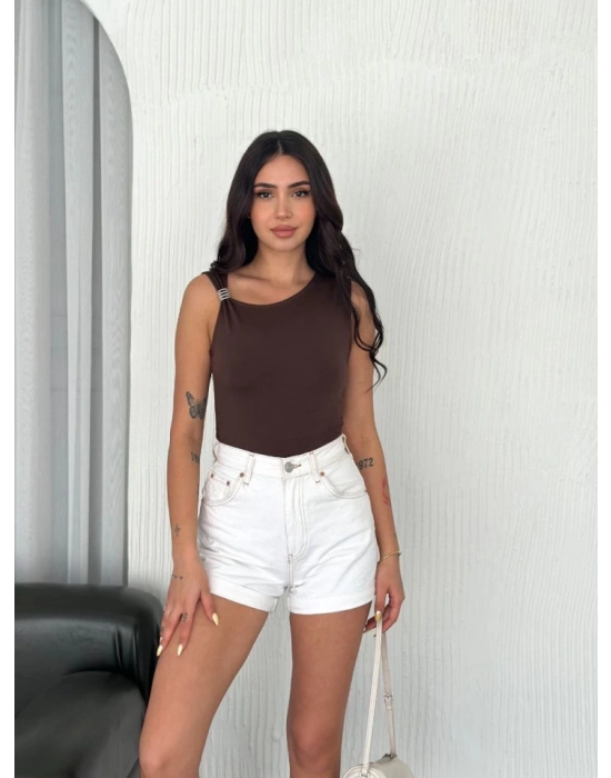 Osy odal Yumuşak Dokulu Kumaş Bisiklet Yaka ıfır Kol Bluz Omuz Toka Aksesuar Detaylı  Kahverengi