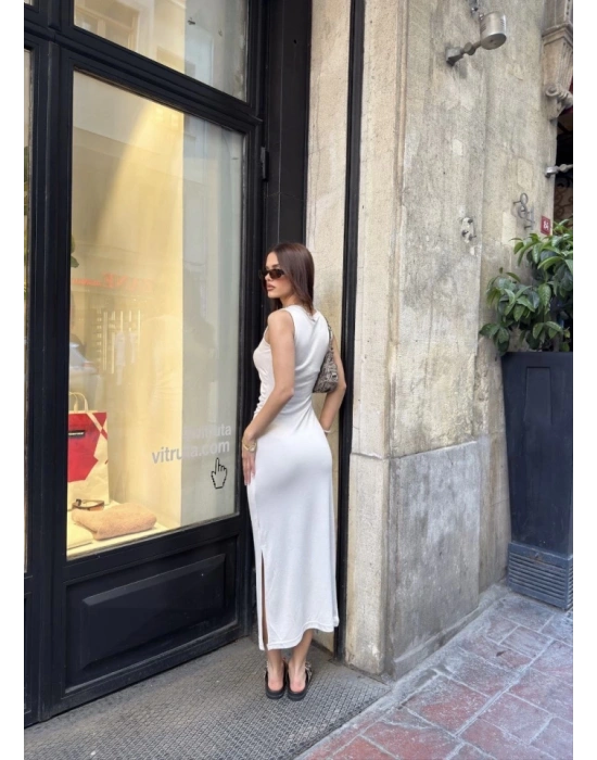 Osy odal Yumuşak Dokulu Kumaş Bisiklet Yaka ıfır Kolsuz Yırtmaçlı Uzun Elbise  Beyaz