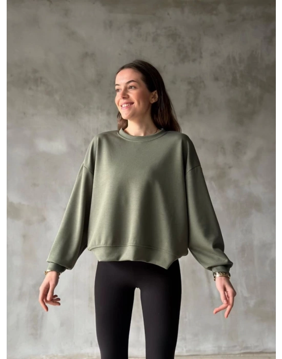 Osy odal Yumuşak Dokulu Kumaş Bisiklet Yaka Oversize weatshirt  Haki