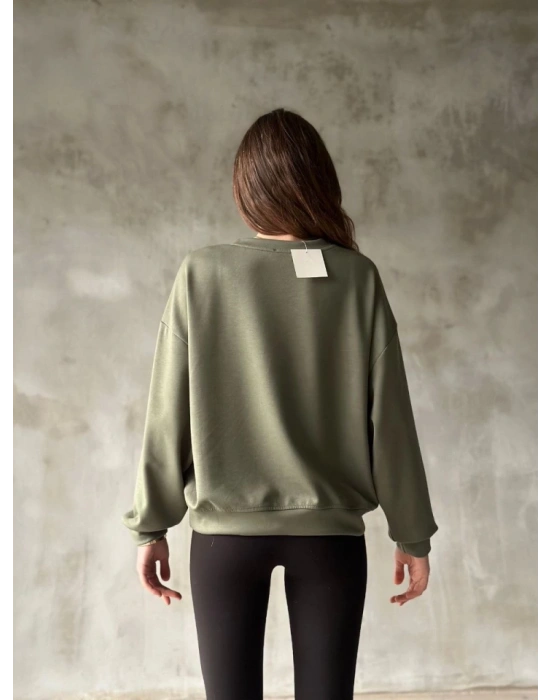 Osy odal Yumuşak Dokulu Kumaş Bisiklet Yaka Oversize weatshirt  Haki