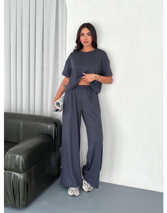 Osy odal Yumuşak Dokulu Kumaş Bisiklet Yaka Tshirt Bol Paça Pantalon Ikili Takım Antrasit