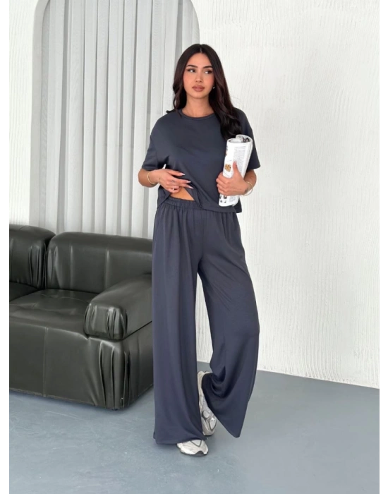 Osy odal Yumuşak Dokulu Kumaş Bisiklet Yaka Tshirt Bol Paça Pantalon Ikili Takım Antrasit