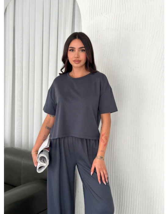 Osy odal Yumuşak Dokulu Kumaş Bisiklet Yaka Tshirt Bol Paça Pantalon Ikili Takım Antrasit