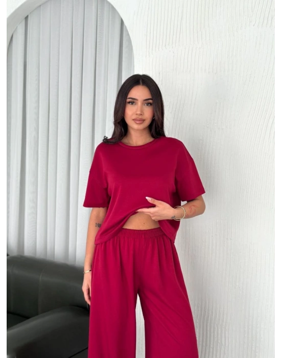 Osy odal Yumuşak Dokulu Kumaş Bisiklet Yaka Tshirt Bol Paça Pantalon Ikili Takım Bordo