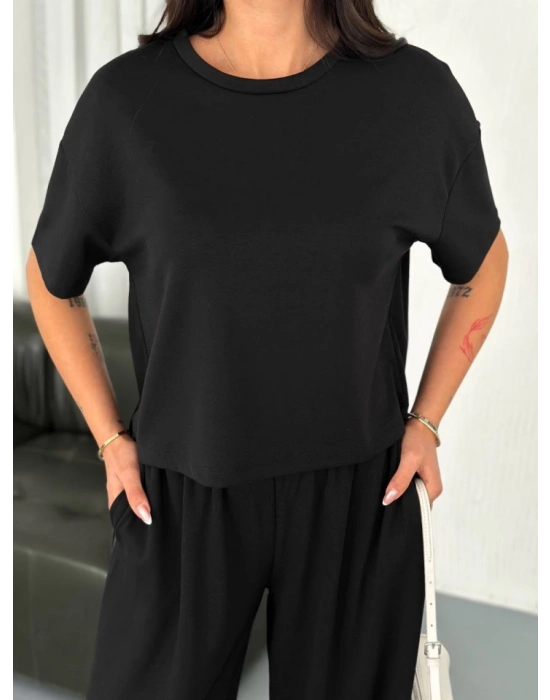 Osy odal Yumuşak Dokulu Kumaş Bisiklet Yaka Tshirt Bol Paça Pantalon Ikili Takım iyah