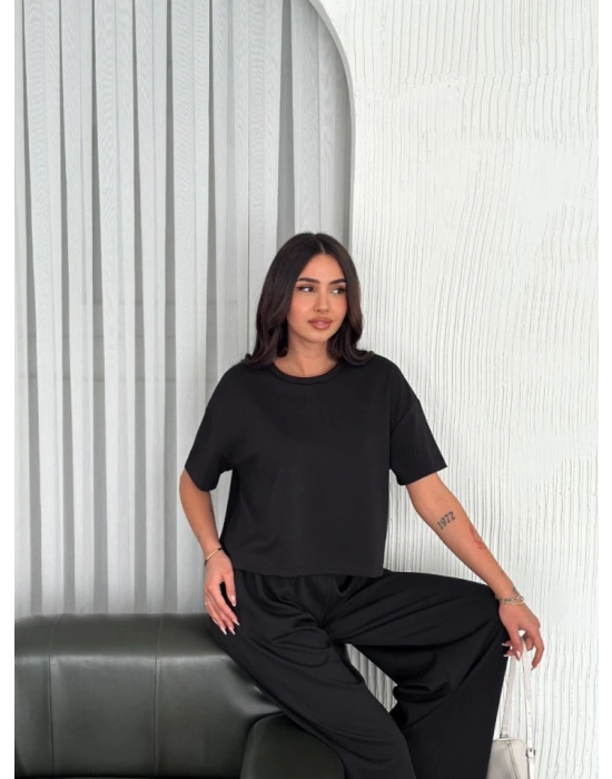 Osy odal Yumuşak Dokulu Kumaş Bisiklet Yaka Tshirt Bol Paça Pantalon Ikili Takım iyah