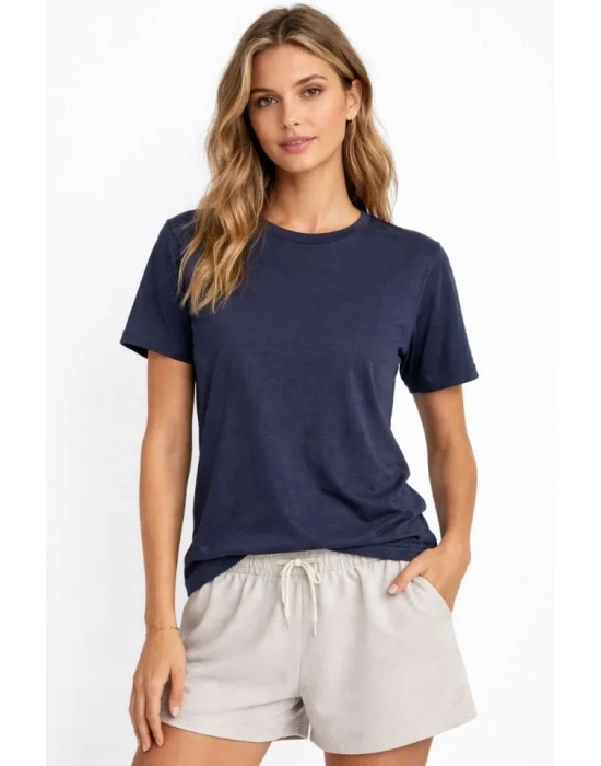 Osy odal Yumuşak Dokulu Kumaş Bisiklet Yaka Tshirt  İndigo