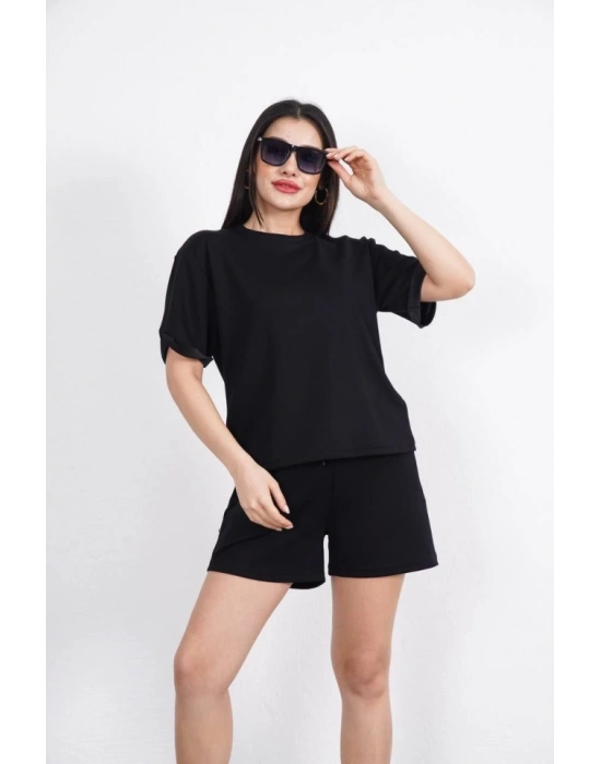 Osy odal Yumuşak Dokulu Kumaş Bisiklet Yaka Tshirt Kısa Şort İkili Takım  iyah