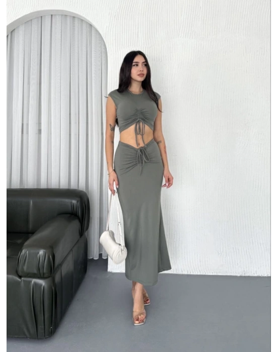 Osy odal Yumuşak Dokulu Kumaş Büzgülü Crop Etek Takım  int Yeşili